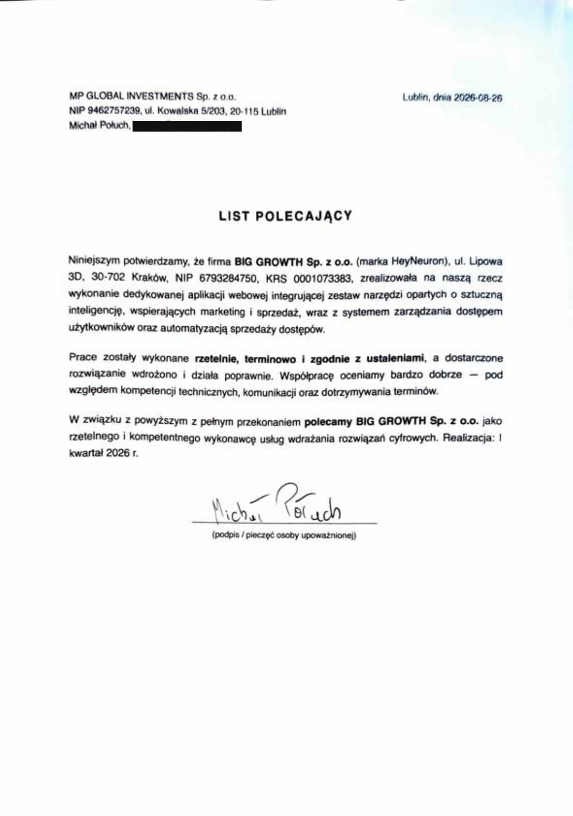 Referencje — MP Global Investments sp. z o.o.