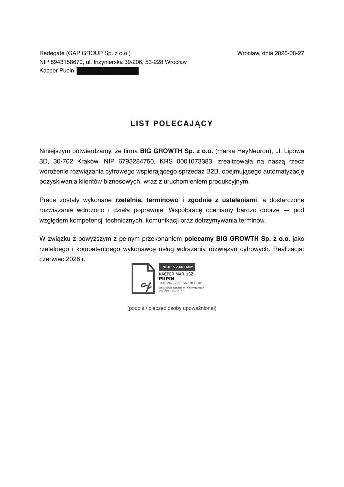 Referencje — Redegate (GAP GROUP sp. z o.o.)