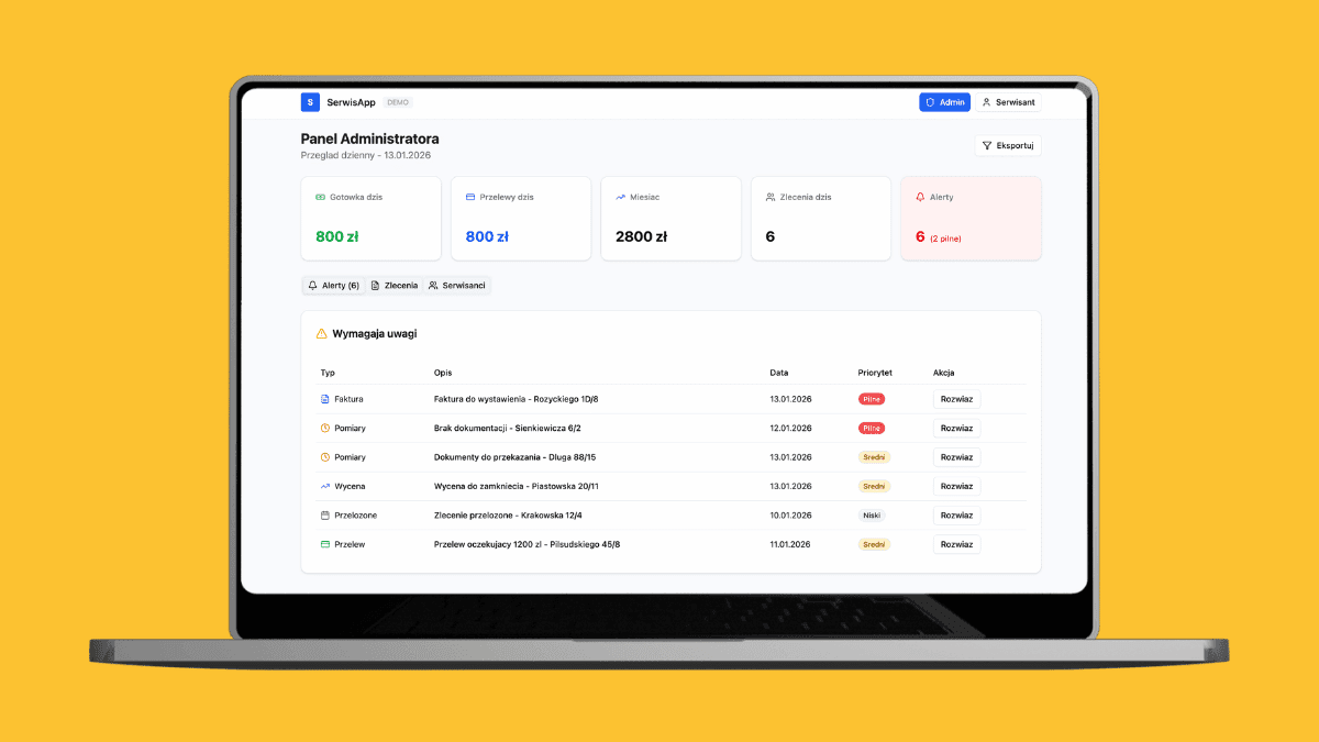 Wewnętrzny panel do zarządzania zleceniami serwisowymi